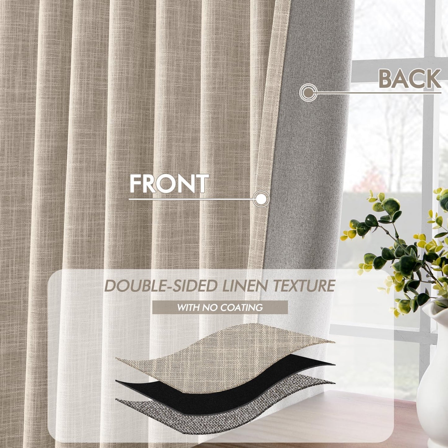 MIULEE Beige 100% Blackout Linen Curtains 100 Inch 2 Panels Set Double Sided No Coating Pleated Back Tab Black Out Long Thermal Insulated Pinch Pleat Bedroom Living Room Darkening Window Drapes