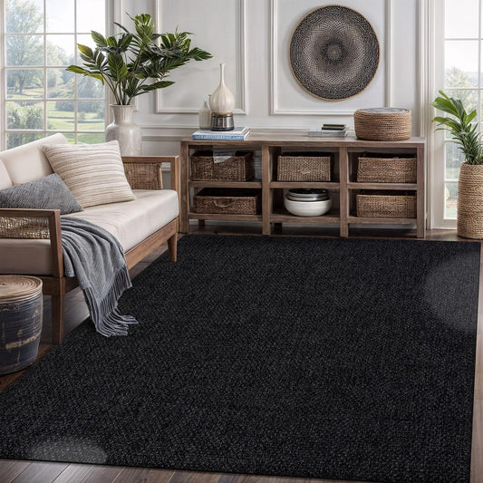 CAMILSON Easy Jute Rug 6x9, Indoor Outdoor Dark Gray Black Farmhouse Area Rugs for Living Room Patio and Kitchen Rug, Solid Boho Woven Design, Easy-Cleaning, Washable Outside Carpet Alfombras (6 x 9)