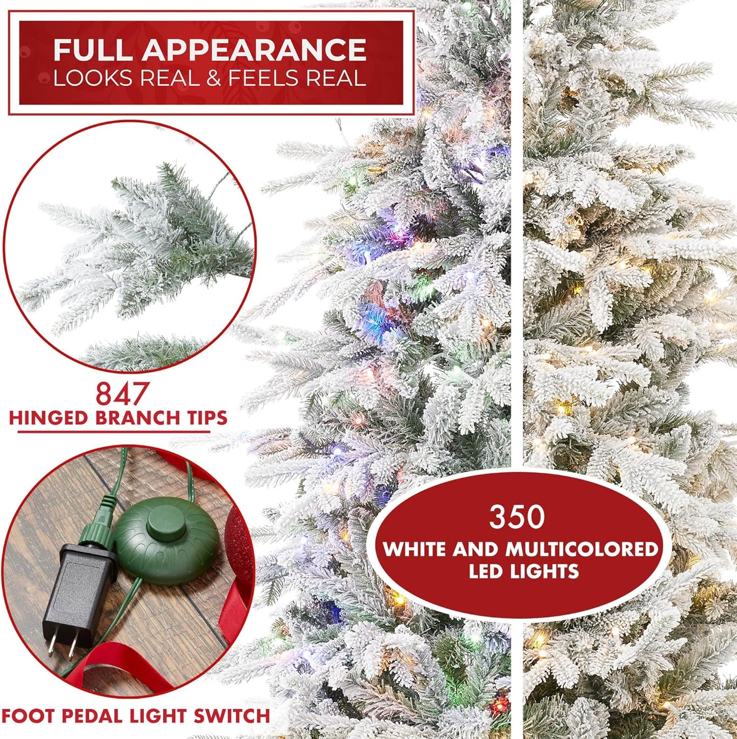 Casafield 6.5FT Pre-Lit Snow Flocked Slim Aspen Fir Artificial Holiday Christmas Tree with White & Multicolored LED Lights, Realistic Noble Fir with Metal Stand