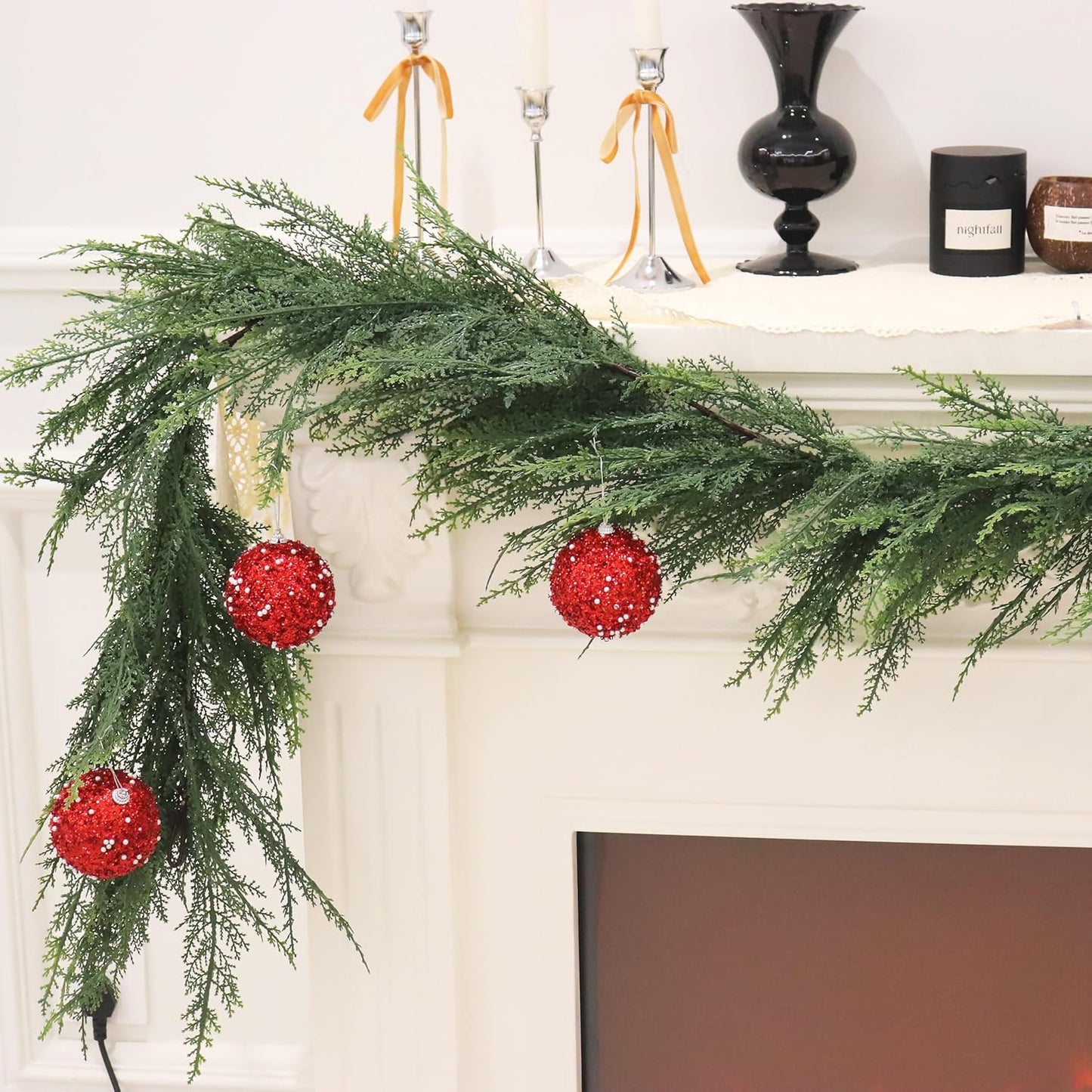 2PCS 6FT Christmas Cedar Garland Full Real Touch Artificial Green Faux Cypress Realistic Pine Garland for Mantle Fireplace Table Home Decoraiton