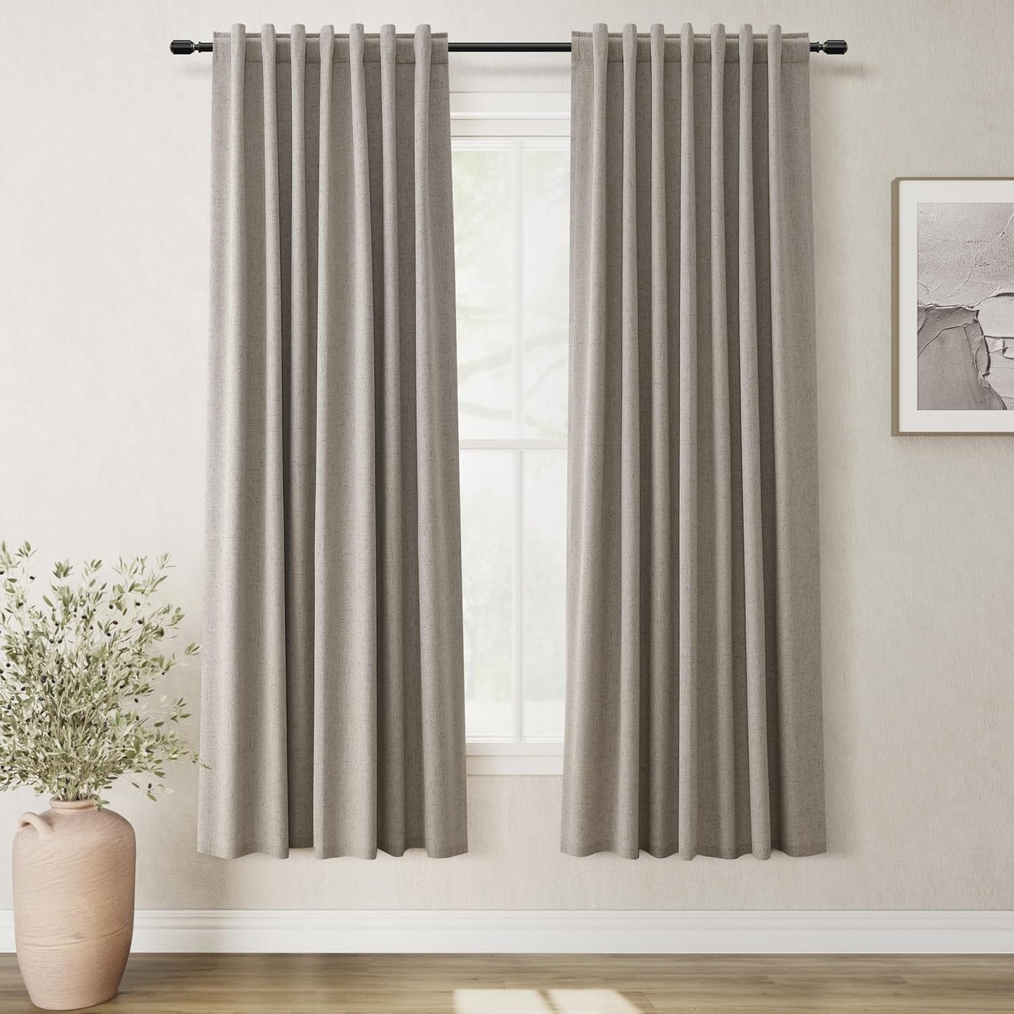 BOODII Linen Blackout Curtains for Bedroom 72 Inch Length 2 Panels Set Room Darkening Curtains Dark Taupe Black Out Curtain Neutral Thermal Insulated Living Room Nursery Drapes Back Tab 52x72