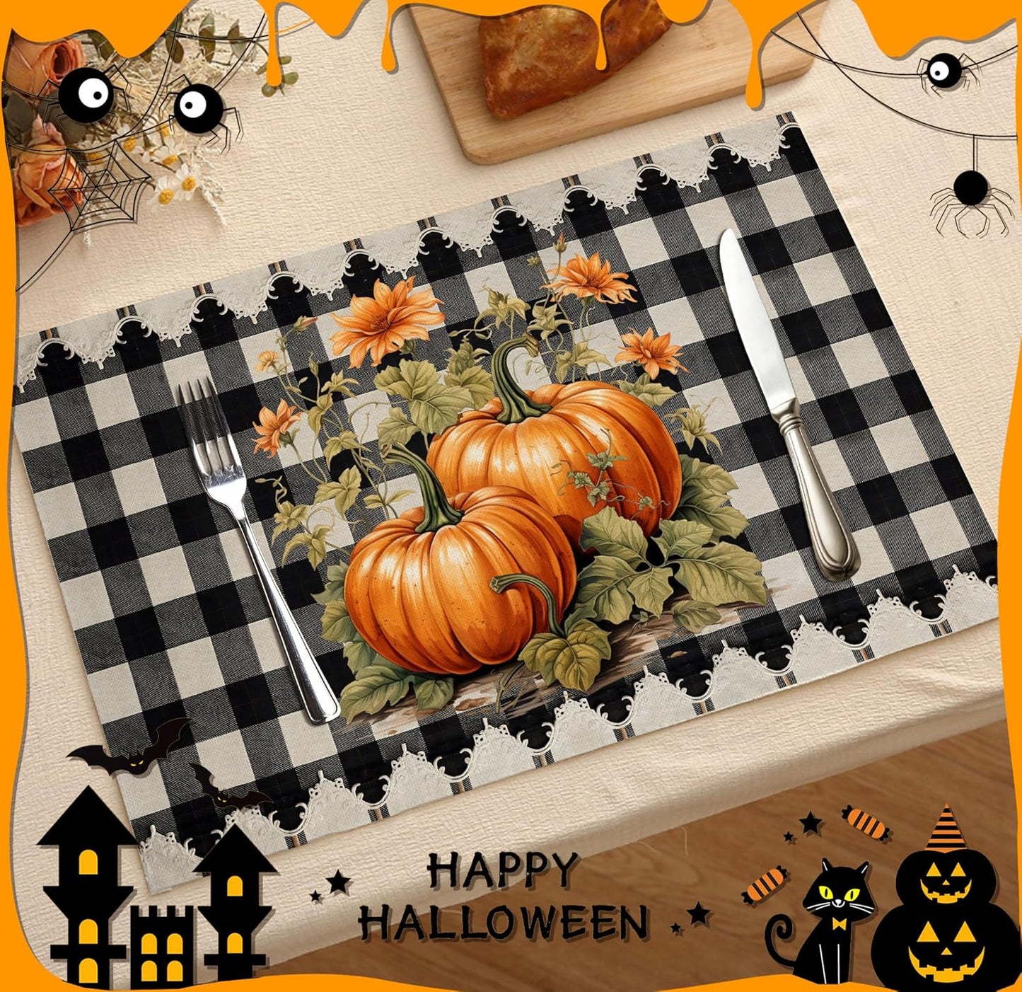 Halloween Pumpkin Placemats Set of 4, 12x18 Inch Pumpkin Plaid Table Mats, Washable Heat Resistant Place Mats for Kitchen Dining Table, Halloween Themed Decoration for Home-B07