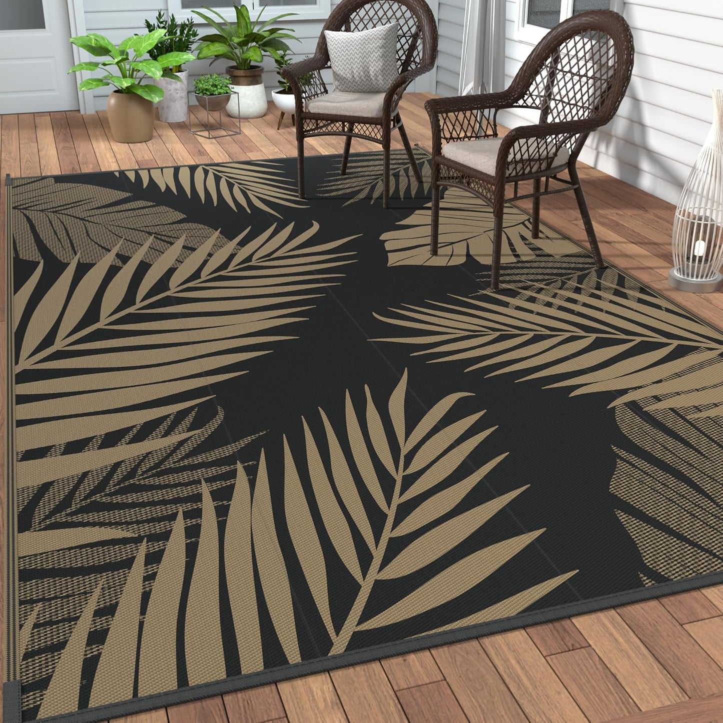 GENIMO Outdoor Rug 9' x 12' Waterproof for Patios Clearance, Reversible Outdoor Plastic Straw Camping Rug Carpet, Large Area Rugs Mats for RV, Camper, Deck, Balcony, Porch, Beach, Picnic, Black&Brown