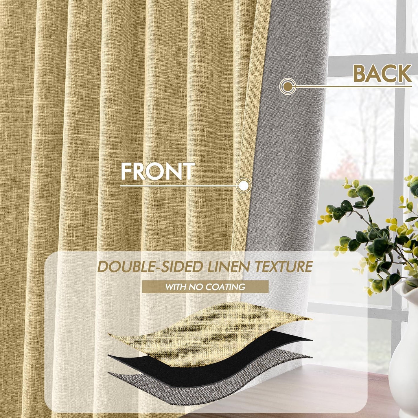 MIULEE Yellow 100% Blackout Linen Curtains 108 Inch 2 Panels Set Double Sided No Coating Pleated Back Tab Black out Extra Long Thermal Insulated Pinch Pleat Bedroom Living Room Darkening Window Drapes