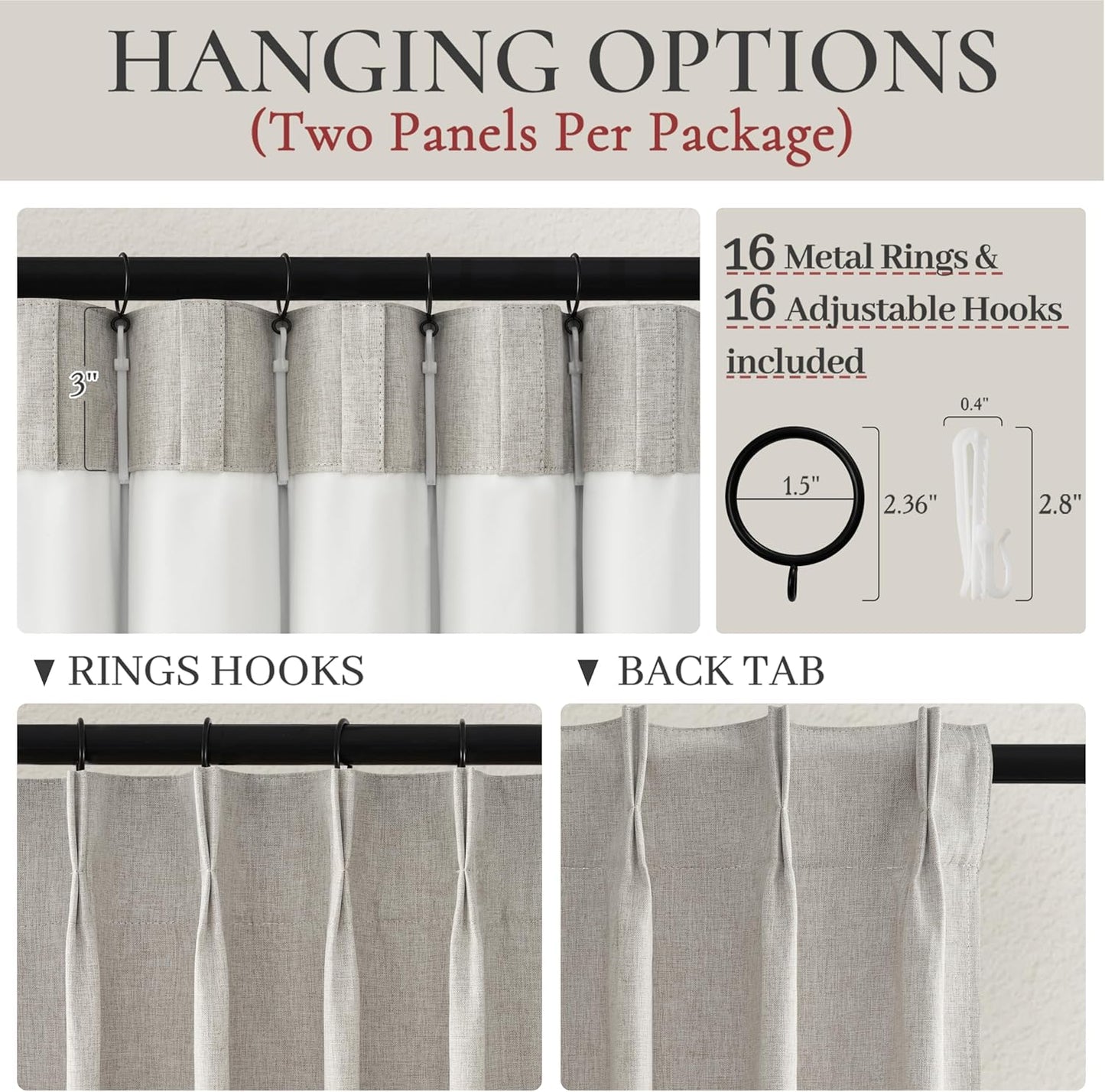 Grey Beige Viral Thick Linen Blackout Curtains 90 Inches Long for Bedroom/Dining Room 2 Panels Set, Neutral Pinch Pleated Melange Energy Efficient Sunblock Drapes with White Backing (40"Wx90"L)