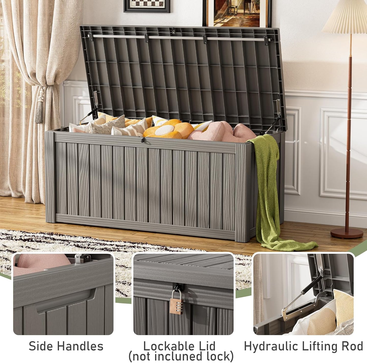 KAMABOKO Outdoor Storage Box, 120 Gallon Large Outdoor Resin Deck Box, Storage Waterproof Boxes Lockable Lid for Garden Tools, Pool Supplies, Patio Furniture and Cushions, Grey