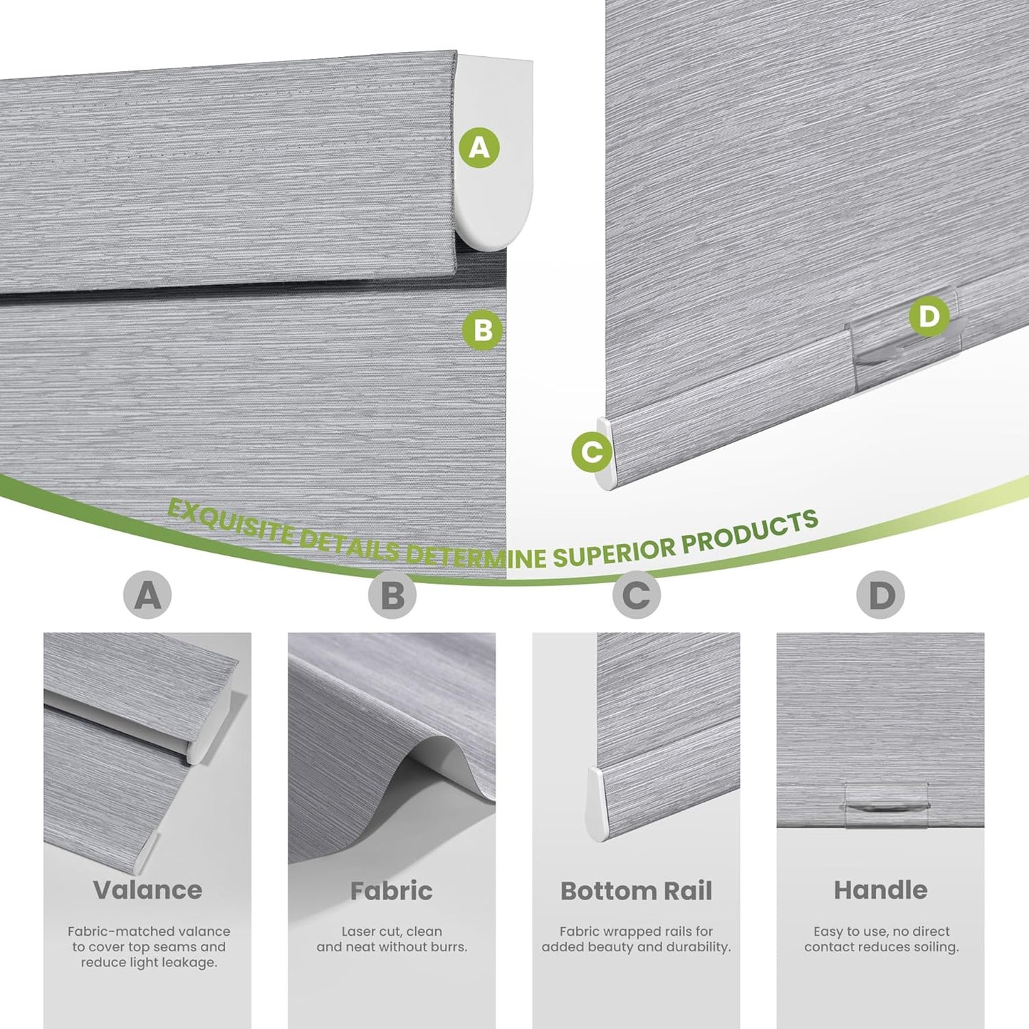 Blackout Roller Shades for Indoor Windows, Cordless Jacquard Fabric-Matched Roller Blinds, Easy to Install Privacy UV Protection Roll Up Blinds for Home Office, Grey, 24" W x 72" H