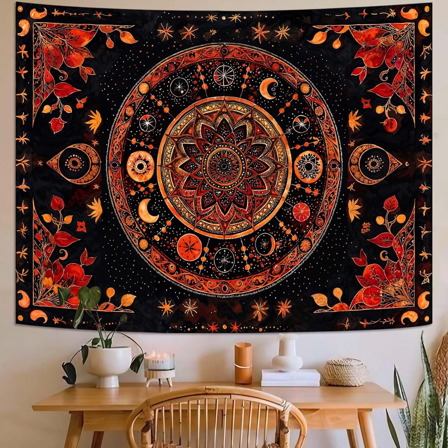 Lunerfex Mandala Moon and Stars Tapestry Boho Tapestry for Bedroom Black and Orange Tapestries Wall Hanging Living Room Wall Art and Home Decor 44x60