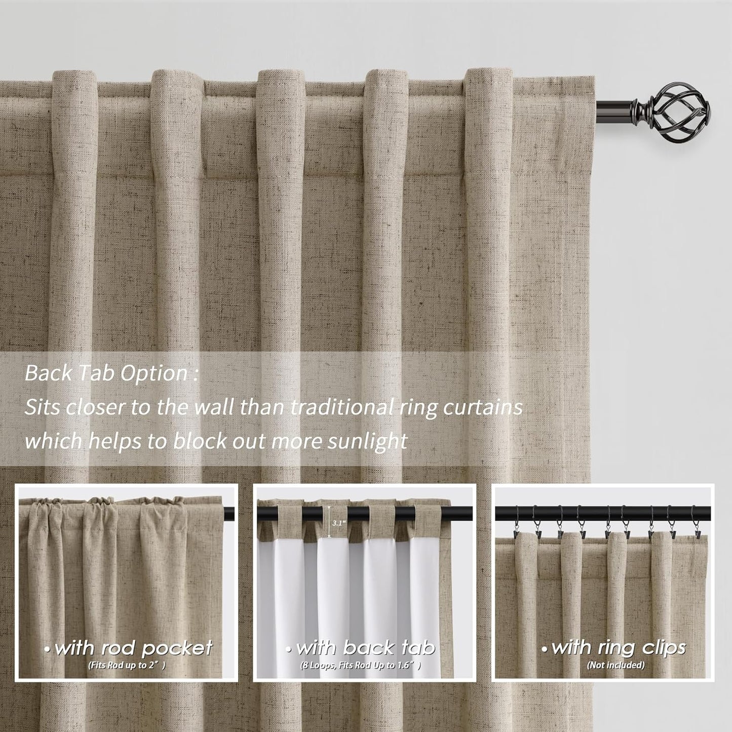 BOODII Khaki Linen 100% Blackout Curtains for Bedroom 102 Inch Long 2 Panels Window Curtain Floor to Ceiling Length for Living Room Sliding Glass Door Back Tab Linen Room Darkening Drapes 52x102