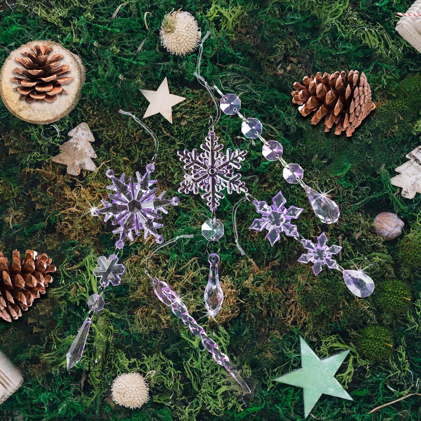 32pcs Crystal Christmas Ornaments for Christmas Tree Decorations-Purple Hanging Acrylic Snowflake and Icicle Ornaments with Drop Pendants for Xmas Winter Wonderland New Year Party Decorations Supplies