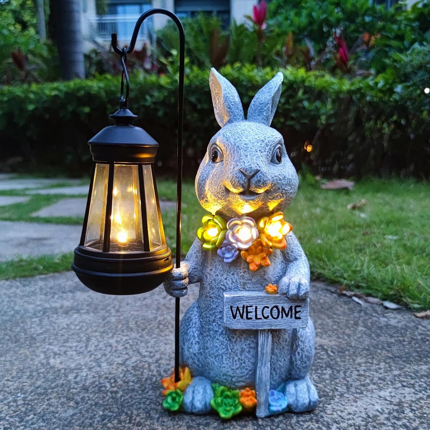 Rabbit Solar Lights Lantern Garden Statues with Succulent and 4 LED Lights - Outdoor Bunny Welcome Figurines Decorations for Patio Yard Lawn Ornaments Gifts for Birthday Easter Housewarming