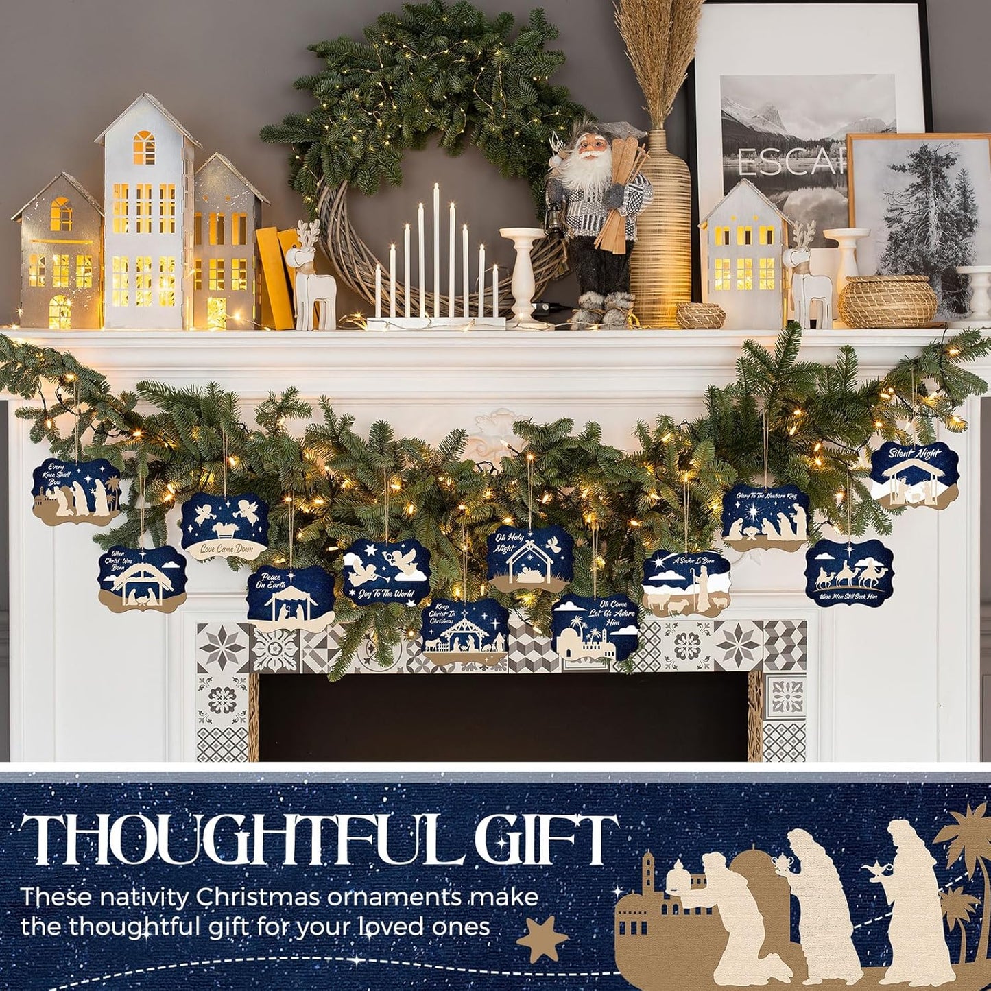 Soaoo 60 Pcs Nativity Scene Christmas Tree Ornament Christian Religious Ornaments Bulk Round Nativity Xmas Tree Hanging Wooden Decorations for Garden Yard Outdoor Home (Square Style)