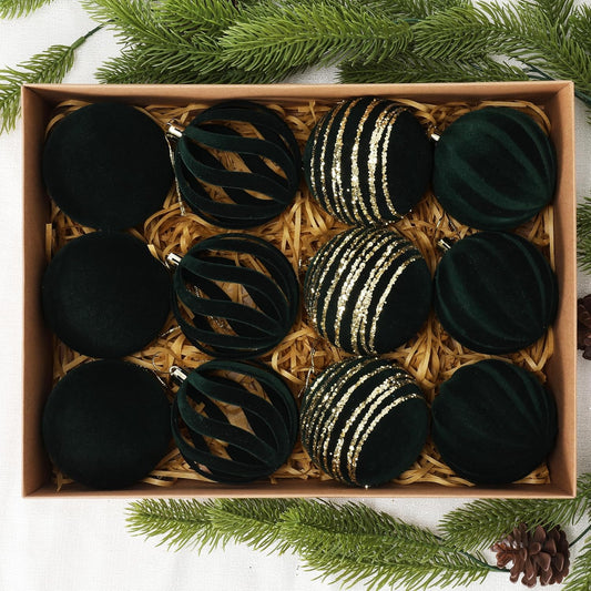 Christmas Ornaments Set of 12, 3.15" Flocked Velvet Balls with Hand Painted Designs,Emerald Green Elegant Christmas Tree Decorations in Gift Box
