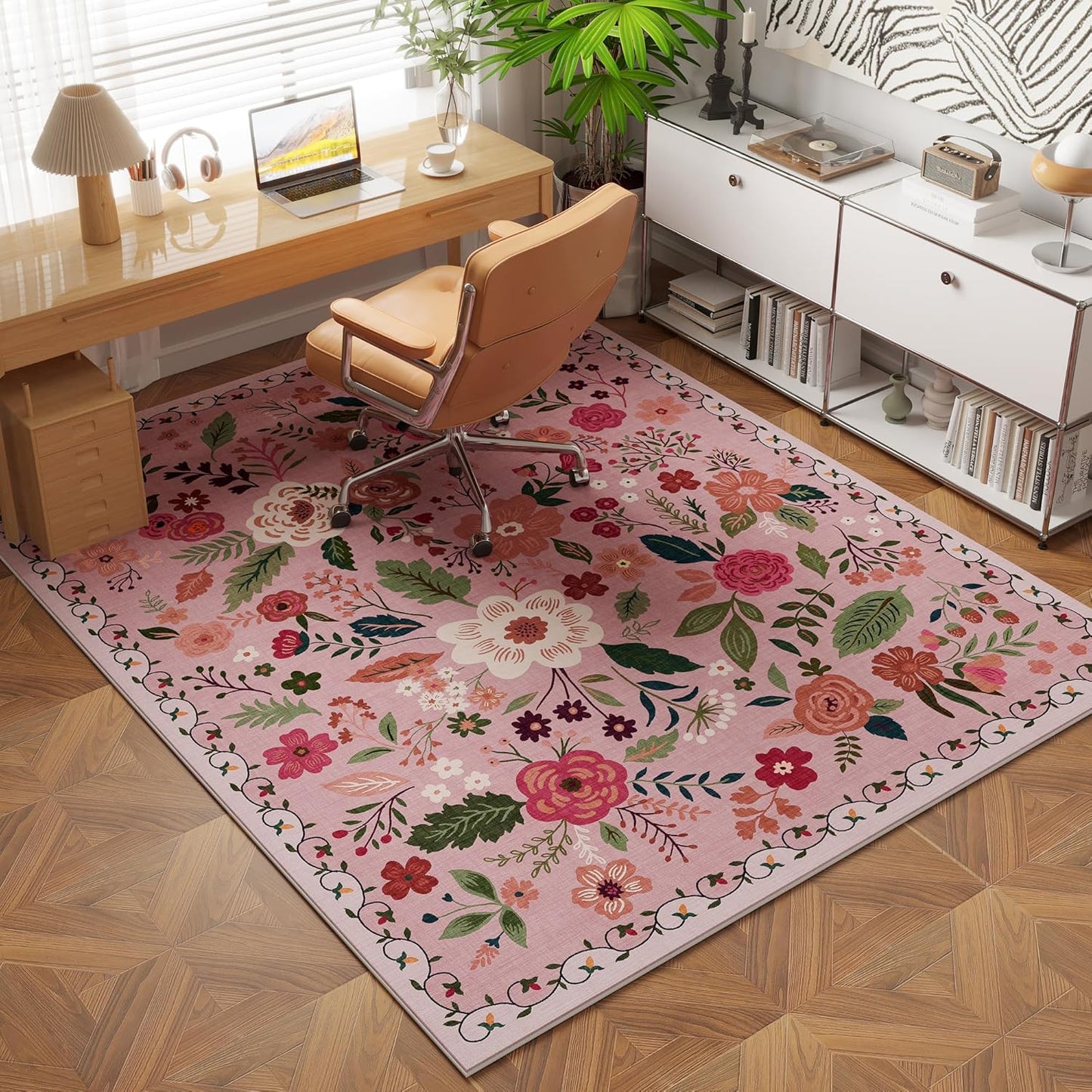 Area Rug 4x6 Rug Washable Boho Rugs Non Slip Low Pile Floral Small Carpet for Bedroom, Bedside, Kids Room, Office, Dining Room(Pink)