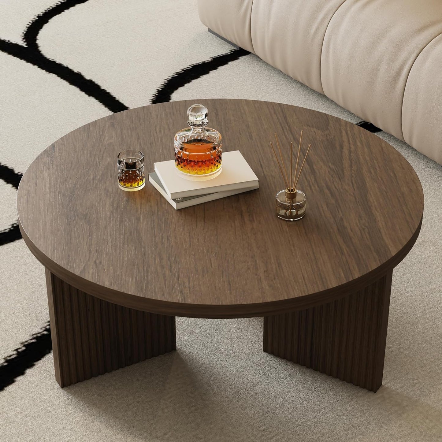 Wooden Round Coffee Table, 35" Coffee Table with Smooth Thick Mesa, Low Circle Center Table with X Shaped Stable Legs, Accent Tea Table for Living Room, Office, Brown