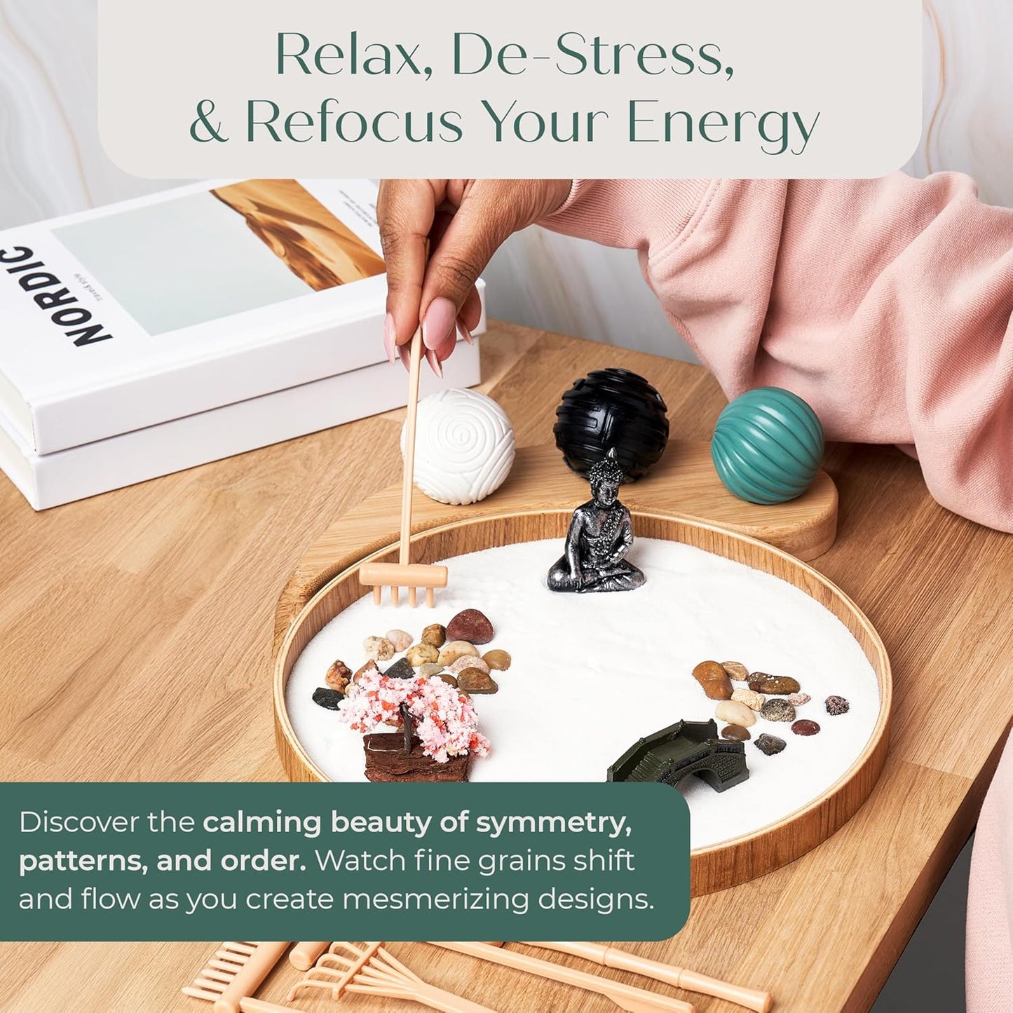 Zen Garden for Desk – Mini Zen Garden Kit for Calming Stress & Relaxing - Japanese Sand Box with Tray, Buddha, Tree, Sand, Rakes, Pebbles & Balls – Sensory Relaxation Gift for Home & Office Decor