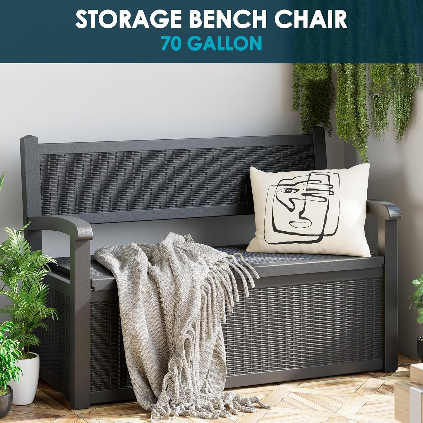 70 Gallon Storage Bench Deck Box for Patio Furniture with Armrest Bench Outdoor Storage