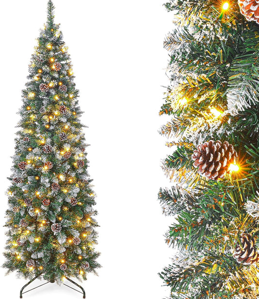 Homde Pencil Christmas Tree 5 Foot Pre-Lit Artificial Christmas Tree with Flocked Snow Pine Cone 140 Warm White Light Holiday Decor