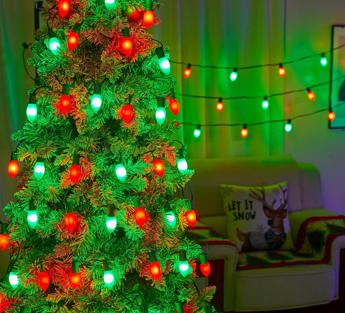 Vintage C9 LED Christmas Lights Outdoor, 50 Feet C9 String Lights with 50 Shatterproof Matte Bulbs, Connectable Waterproof Lights for Holiday Party Roofline Backyard Garden Patio, Red & Green