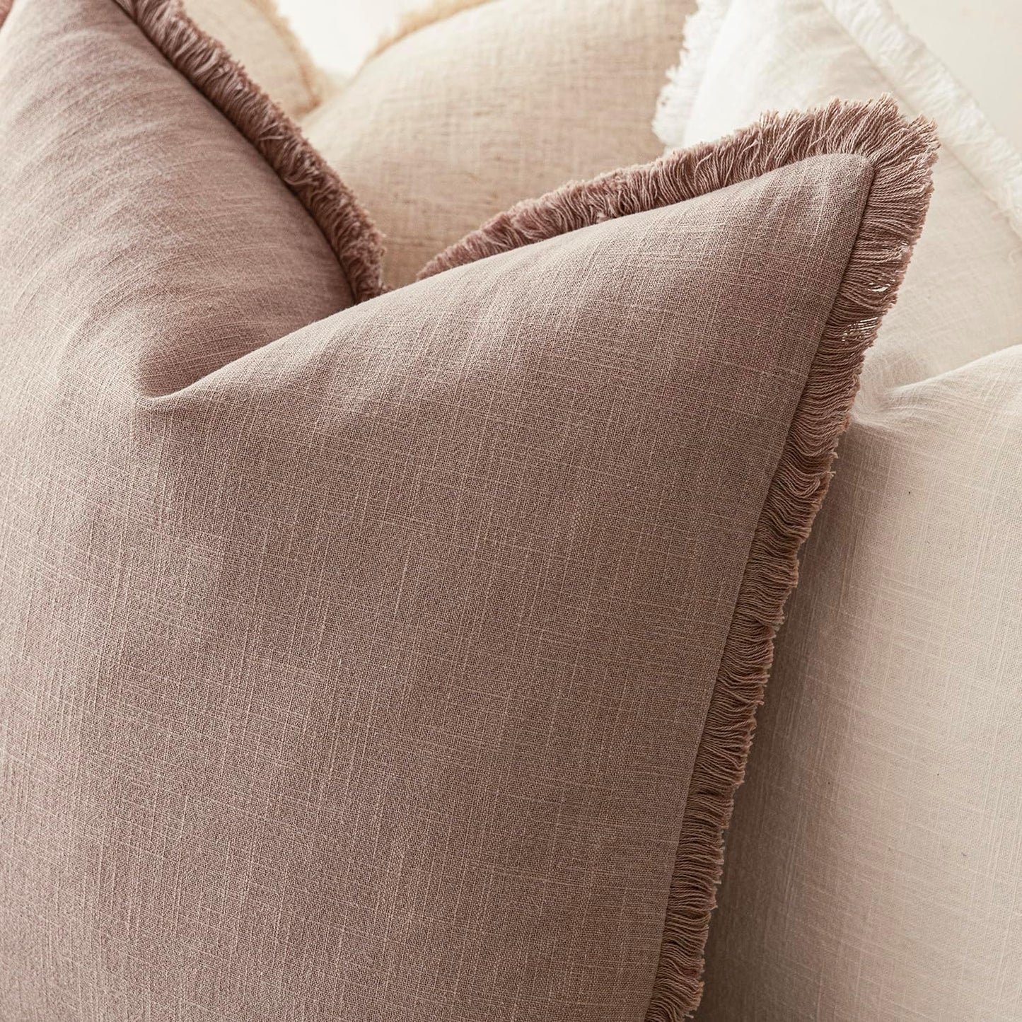 Foindtower Set of 2 Decorative Linen Fringe Throw Pillow Covers Boho Farmhouse Cushion Cover with Tassels Soft Accent Pillowcase for Couch Sofa Bed Living Room Home Decor,16×16 Inch,Dusty Pink