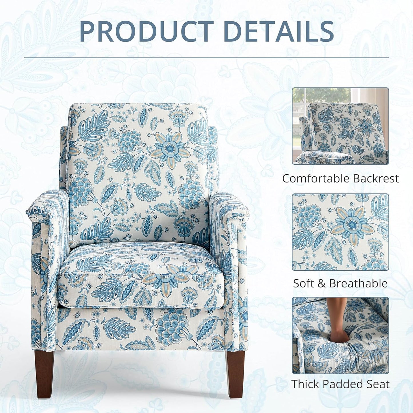 Floral Accent Chair, High Back Upholstered Armchair with Solid Wooden Legs, Padded Armrest and Removable Comfortable Cushioned Seat Single Sofa for Living Room, Bedroom, Blue