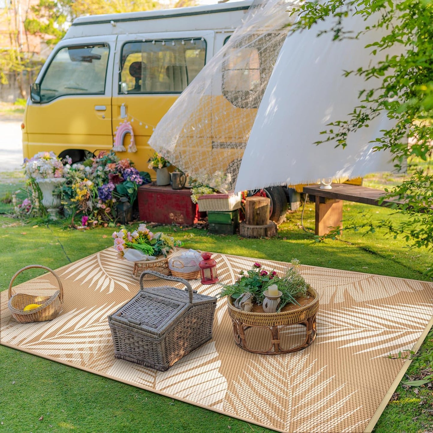 GENIMO Outdoor Rug 8' x 10' Waterproof for Patios Clearance, Reversible Outdoor Plastic Straw Camping Rug Carpet, Large Area Rugs Mats for RV, Camper, Deck, Balcony, Porch, Beach, Picnic, Brown&Beige