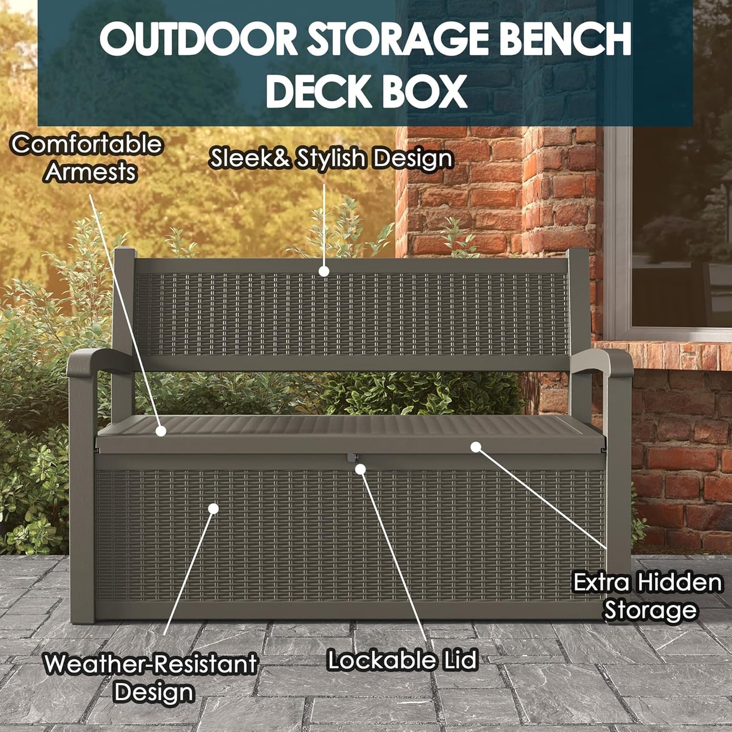 70 Gallon Storage Bench Deck Box for Patio Furniture with Armrest Bench Outdoor Storage