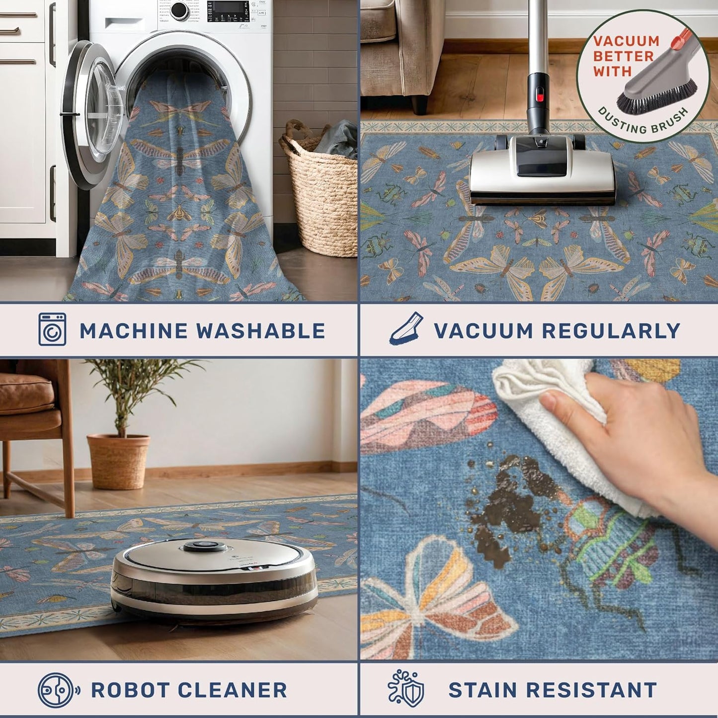 6x9 Blue Floral Rug for Dining Room Table - Area Rugs for Living Room, Bedroom, Insect Moth Art Nouveau Décor, Washable Lightweight Foldable Non Slip