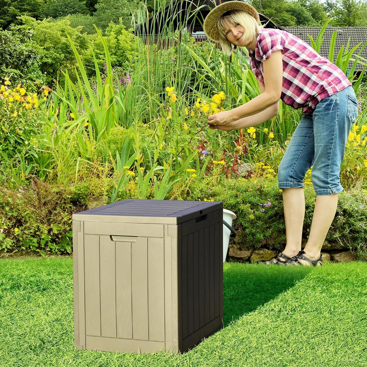 YITAHOME 30 Gallon Deck Box Outdoor Storage Box, Waterproof Resin Package Delivery and Storage Box with Lockable Lid for Patio Furniture Cushions, Pool Accessories, Garden Tools, Brown