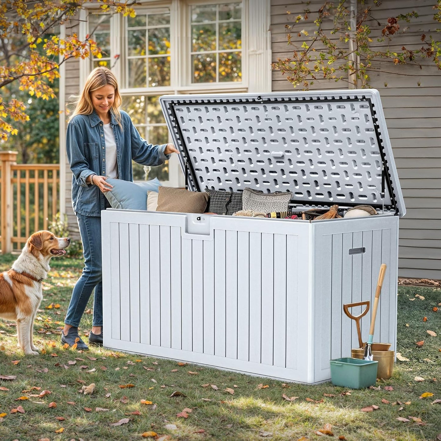 YITAHOME 200 Gallon Double-Wall Deck Box with Divider & Side Handles, Outdoor Large Storage for Patio Furniture Cushions, Garden Pool Accessories, Water Resistant & Lockable