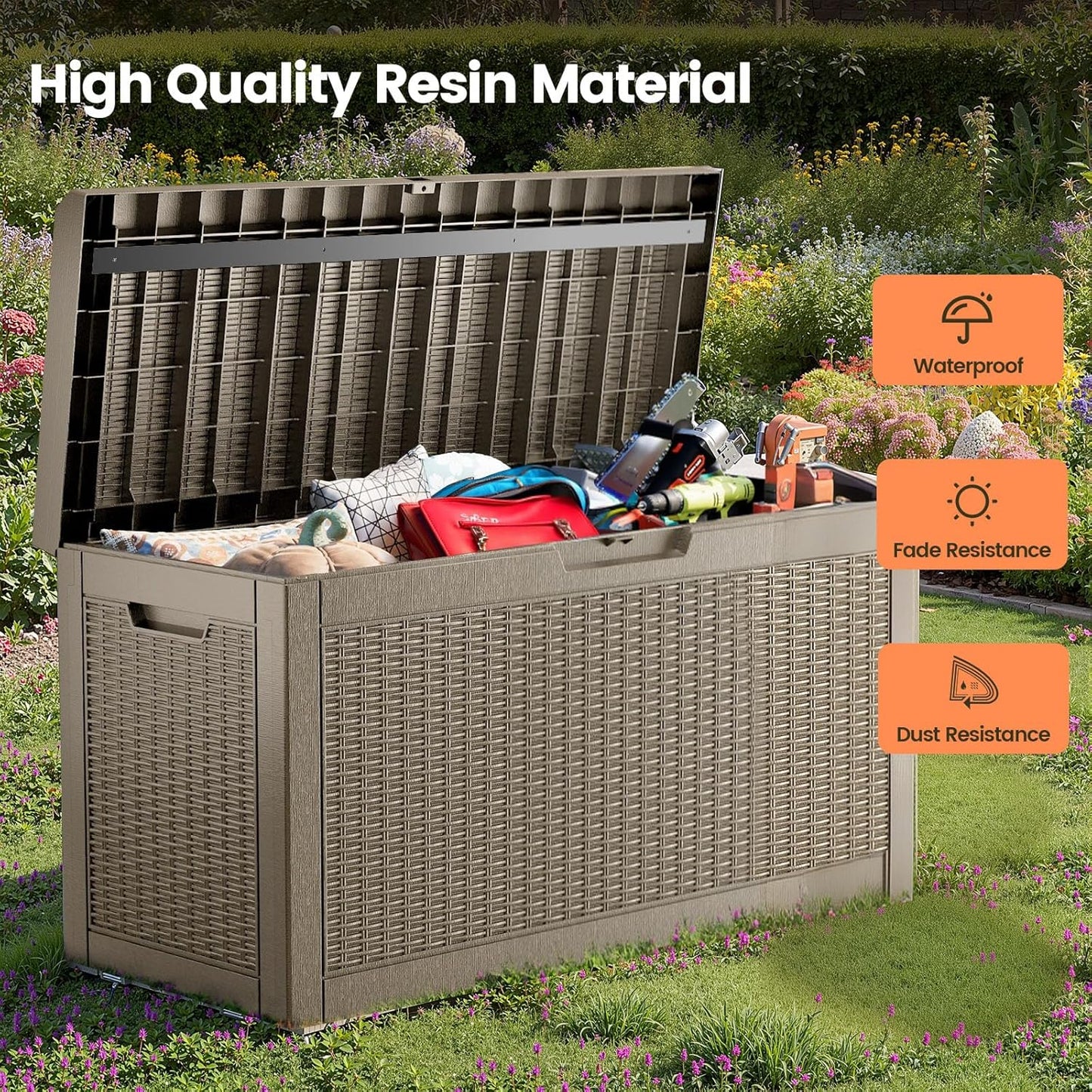 60 Gallon Outdoor Storage Box - Waterproof Resin Rattan Deck Bin for Indoor & Outdoor Use - Lockable & UV Resistant - Ideal for Package Storage, Patio Cushions & Gardening Tools, Brown