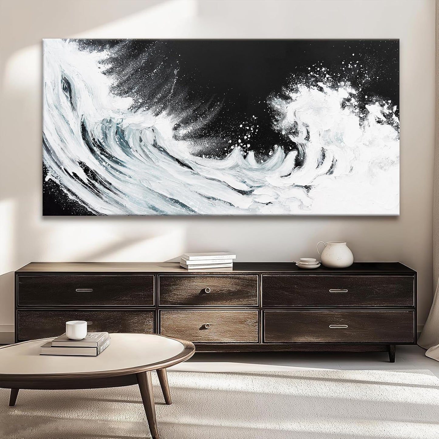 TAIJXAGSG Abstract Wall Art Canvas Art Wall Decor For Living Room Decorations Large Black And White Abstract Wall Decor White Ocean Waves Wall Art For Home Bedroom Kitchen Office Artwork 29x58 Inch