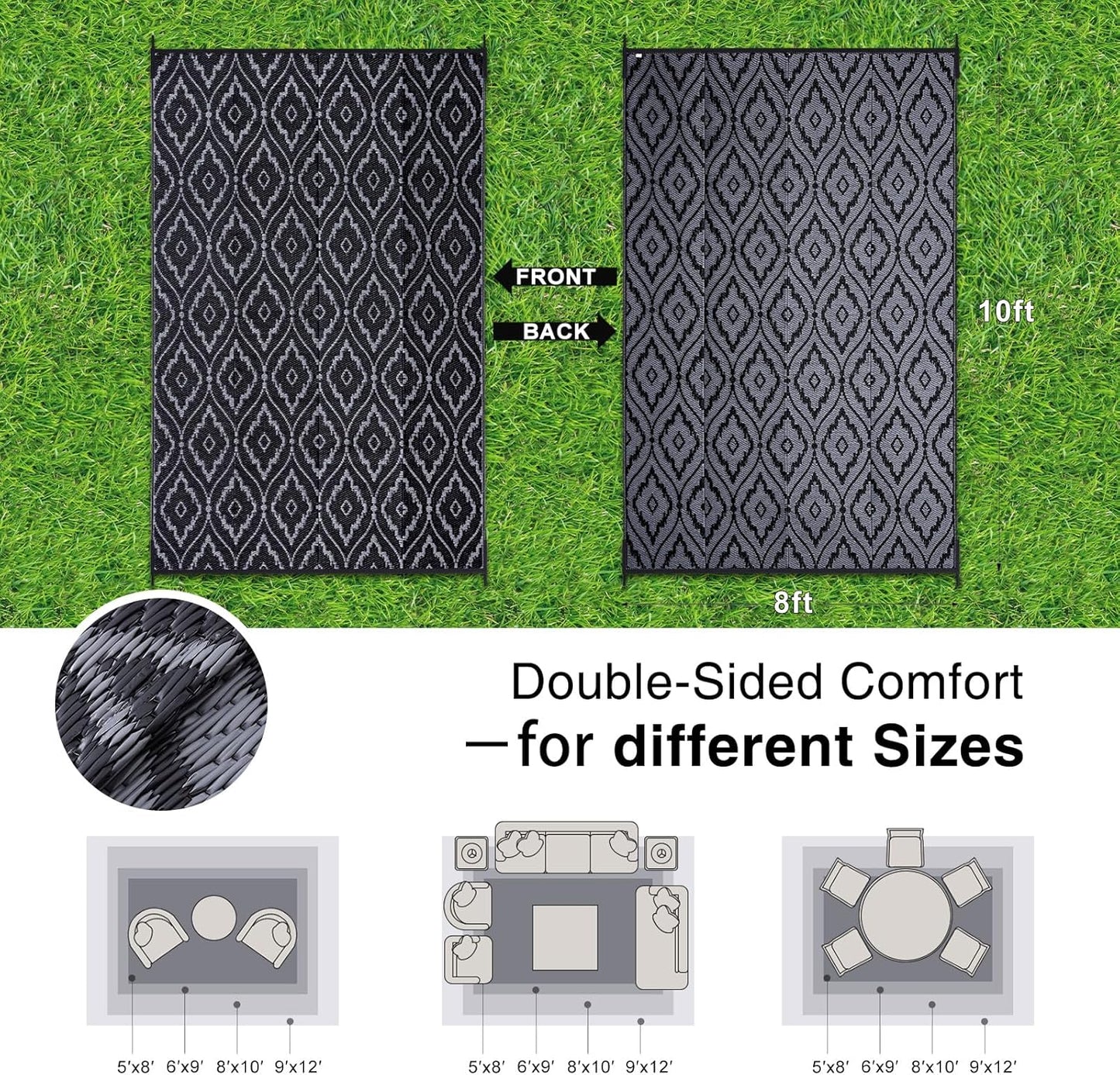 OLANLY Outdoor Rug 8x10 ft Waterproof, Outdoor Plastic Straw Rug with Geometric Pattern Clearance, Reversible RV Mat for Patio, Camping, Balcony, Deck, Backyard, Black & Grey