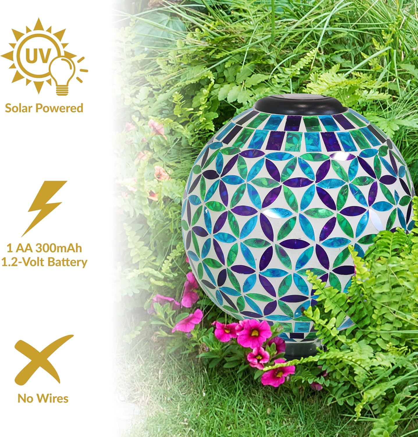 Sunnydaze 10 inch Solar Gazing Ball for Garden - Glass Outdoor Gazing Globe - Mosaic Cool Blooms