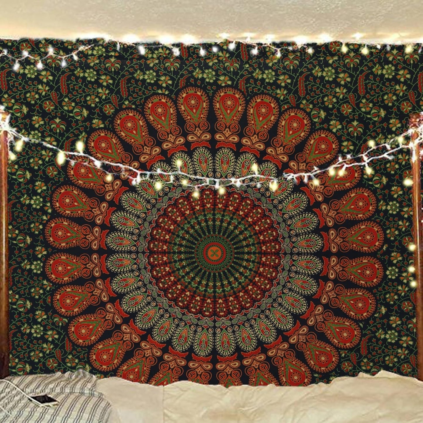 Bless International Handmade Indian hippie Bohemian Psychedelic Peacock Mandala Wall hanging College Dorm Beach Throws Table Cloth Bedding Tapestry (Golden Green, Poster(30x40Inches)(76x101cms))