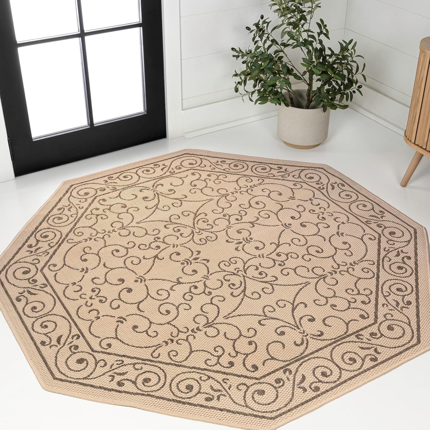 JONATHAN Y Vintage Filigree Indoor Outdoor Octagon Area Rug 5 Ft Beige/Brown, Charleston Textured Weave for Backyard, Patio, Porch, Easy-Cleaning, High Traffic, Pet-Friendly Non-Shedding SMB106A-5TGN