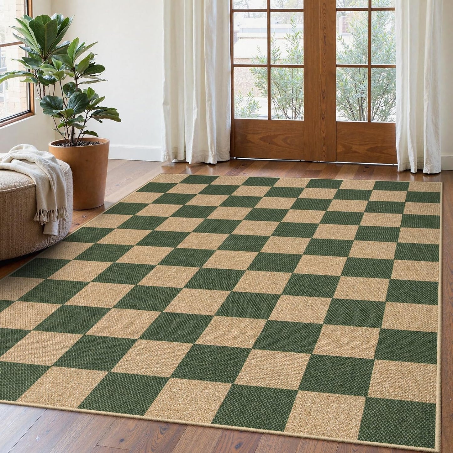 Lahome Checkered Easy Jute Dining Room Rug, 5x7 Indoor Outdoor Rugs for Patio Living Room, Neutral Checkerboard Non Slip Low Pile Green Carpet for Bedroom Office Backyard