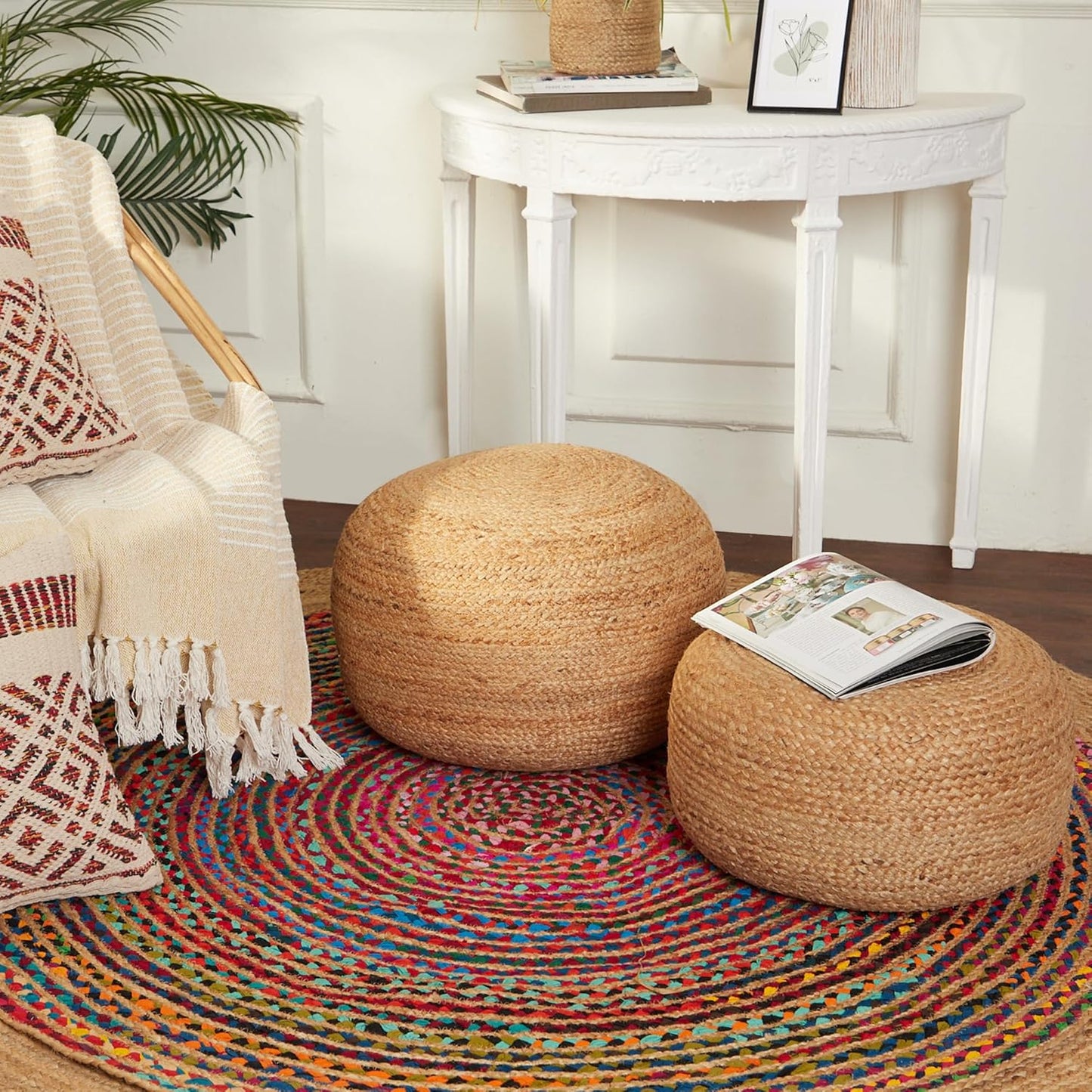 REDEARTH · Jute Circular Jute Pouf Ottoman - Braided Pouffe Accent Sitting Round Footrest for Living Room, Bedroom, Nursery, kidsroom, Patio, Gym; 100% Jute (19.5"x19.5"x14"; Jute Natural)