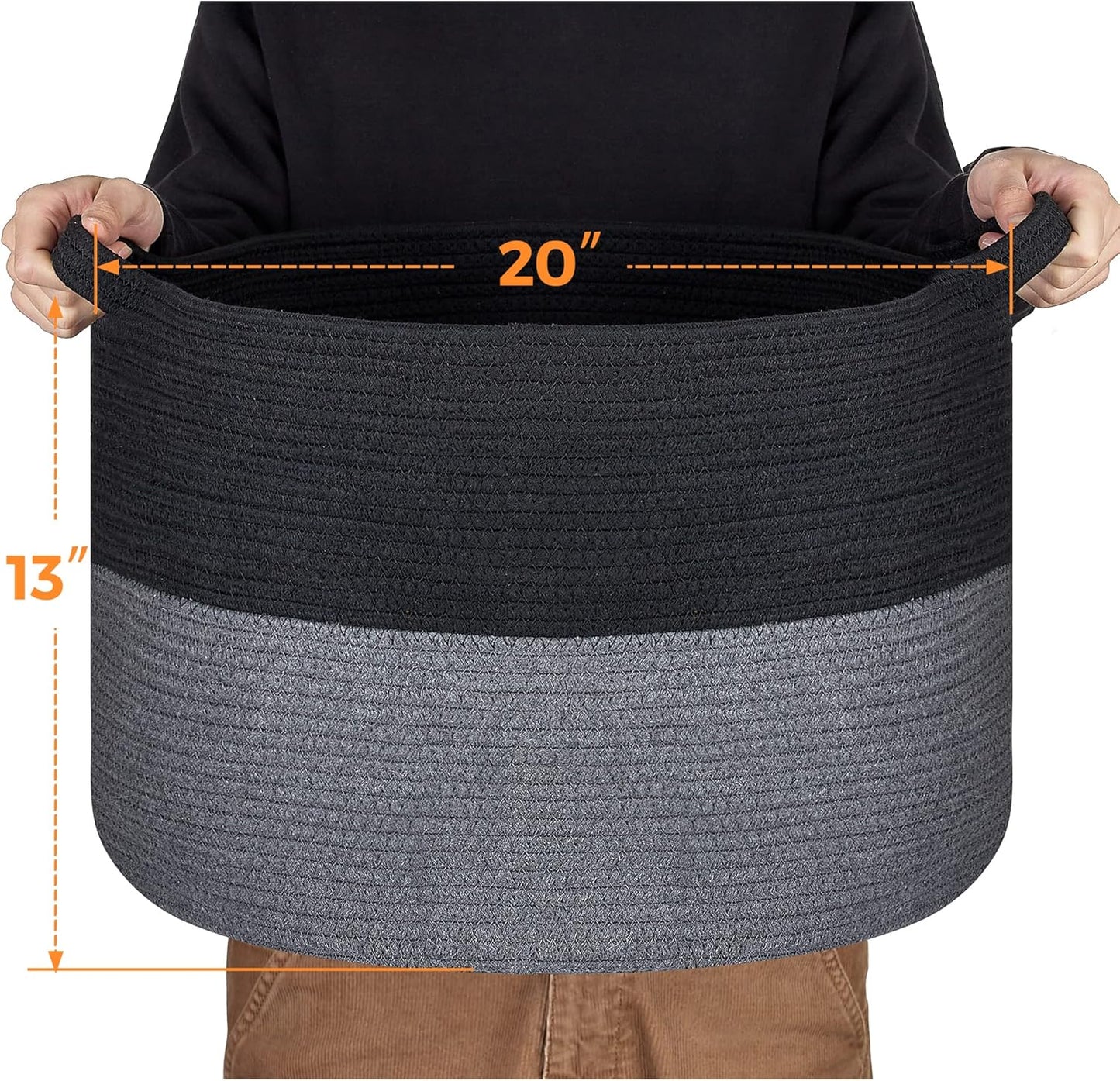 Ravinte Blanket Basket - 20"x 20"x 13" Cotton Rope Basket for Living Room, Baby Toy Storage Basket, Large Woven Laundry Basket (Black-Gray)