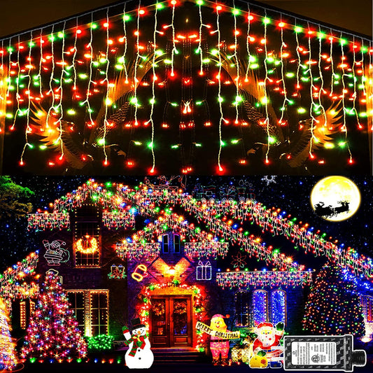 KNONEW 99ft 1216 LED Christmas Lights Outdoor Decorations with 228 Drops, 8 Modes Curtain Fairy Light, Clear Wire LED String Light Decor for Wedding Party Christmas (Red and Green)