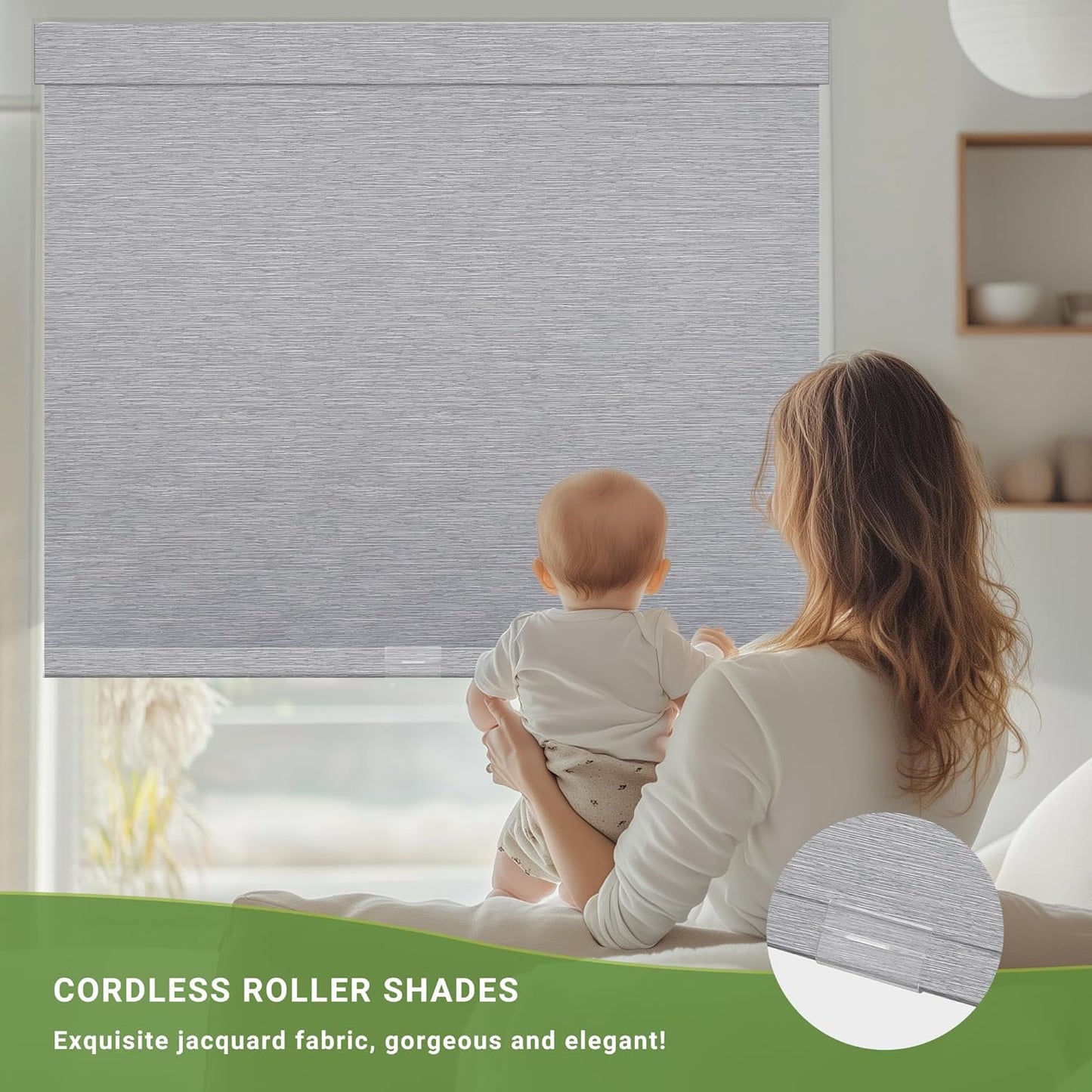 Blackout Roller Shades for Indoor Windows, Cordless Jacquard Fabric-Matched Roller Blinds, Easy to Install Privacy UV Protection Roll Up Blinds for Home Office, Grey, 22" W x 72" H