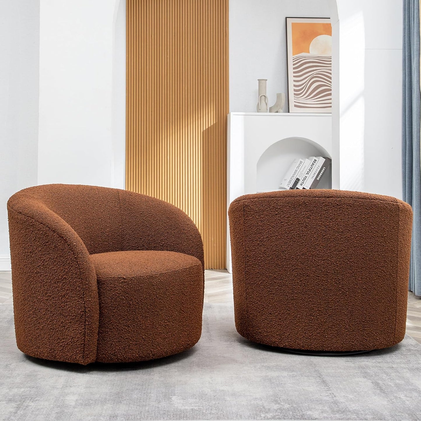 KINWELL 34" W Swivel Barrel Chair Set of 2, Mid Century Modern Round Upholstered Boucle Swivel Accent Chairs, No Assembly Sofa Chair for Living Room Bedroom Reading, Brown