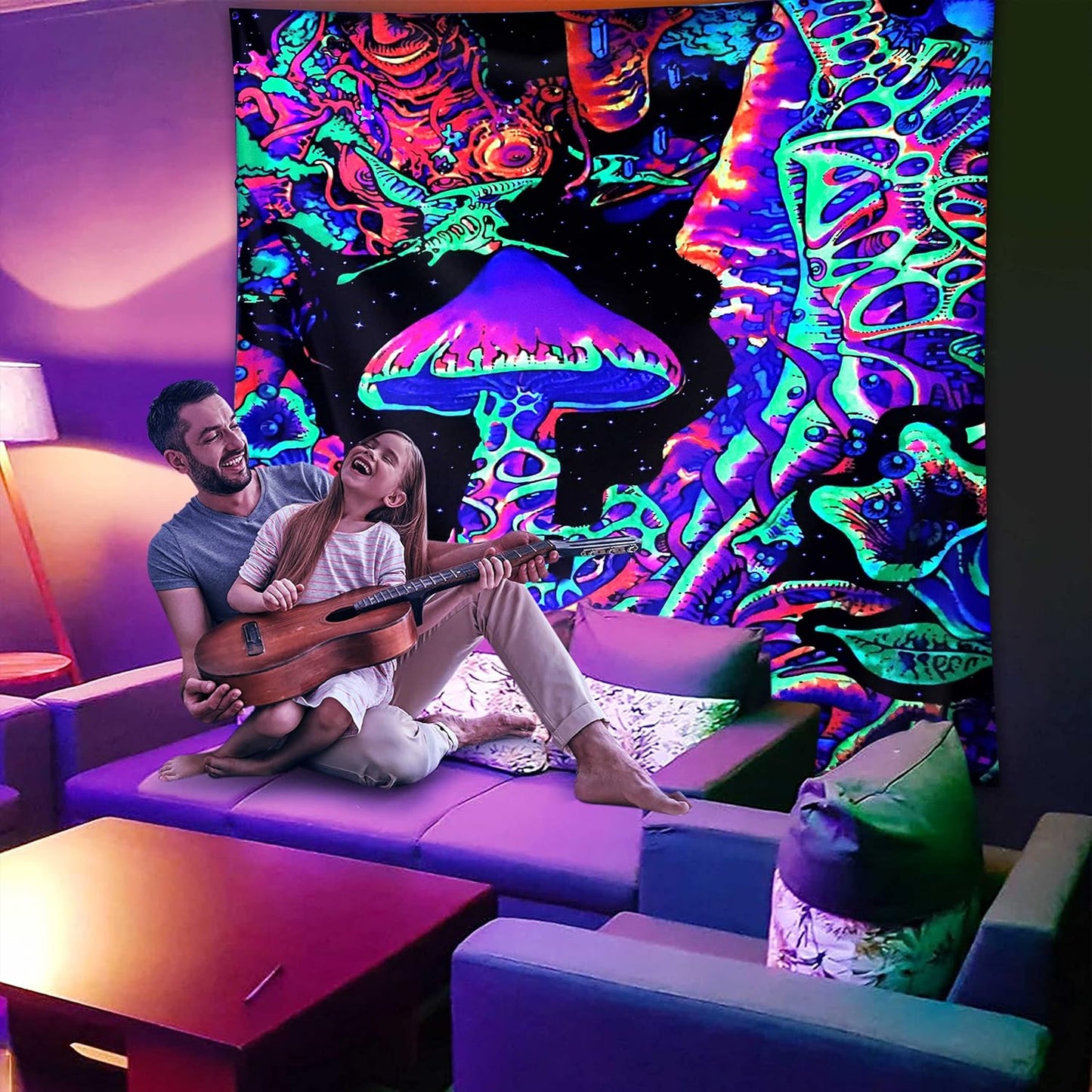 ADDWel Blacklight Mushroom Tapestry, Fantastic Upright Tapestry Glow In The Dark, UV Reactive Black Light Tapestries Posters Wall Hanging for Backdrop Bedroom Dorm Living Room Decor(50"x60")