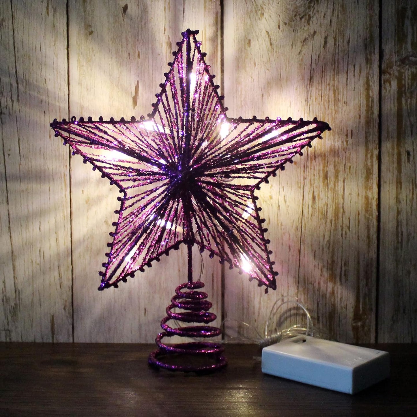 CVHOMEDECO. Violet Glittered 3D Tree Top Star with Warm White LED Lights and Timer for Christmas Tree Decoration and Holiday Seasonal Décor, 8 x 10 Inch