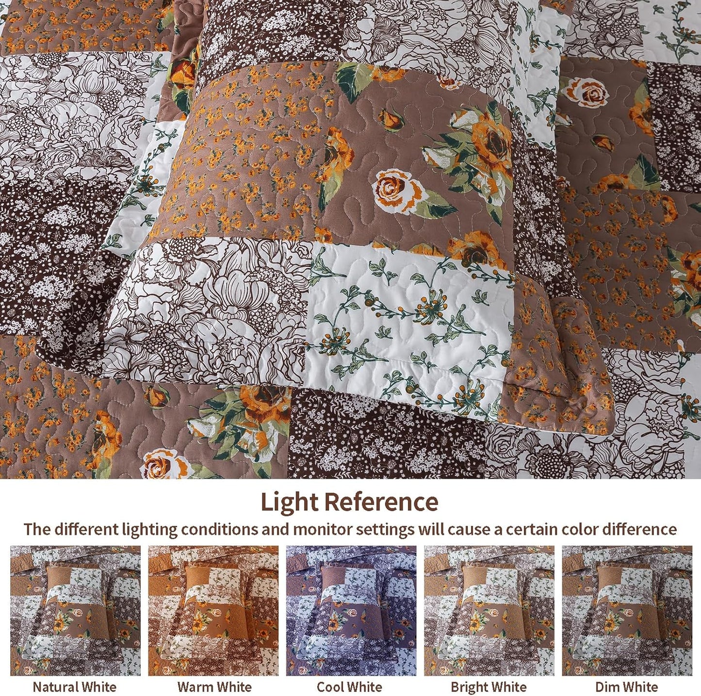 VAPUTAR Quilts Queen Size, Fall Patchwork Bedding Set with Floral Pattern, Soft and Breathable Coverlet Set, Lightweight Reversible Bedspread Suitable for All Season (90X98 inch, Brown)