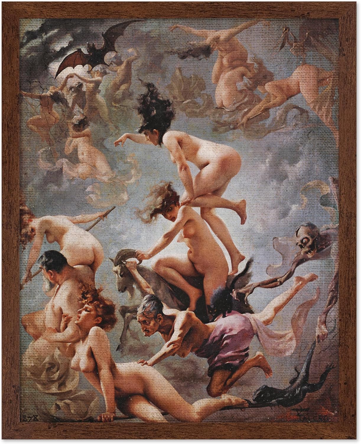 Poster Master Vintage Luis Ricardo Falero Poster - Retro Occult Print - Gift for Gothic, Horror Fan - Witches Going to their Sabbath, Pagan - Wall Decor for Bedroom, Dorm, 16x20 Brown Framed