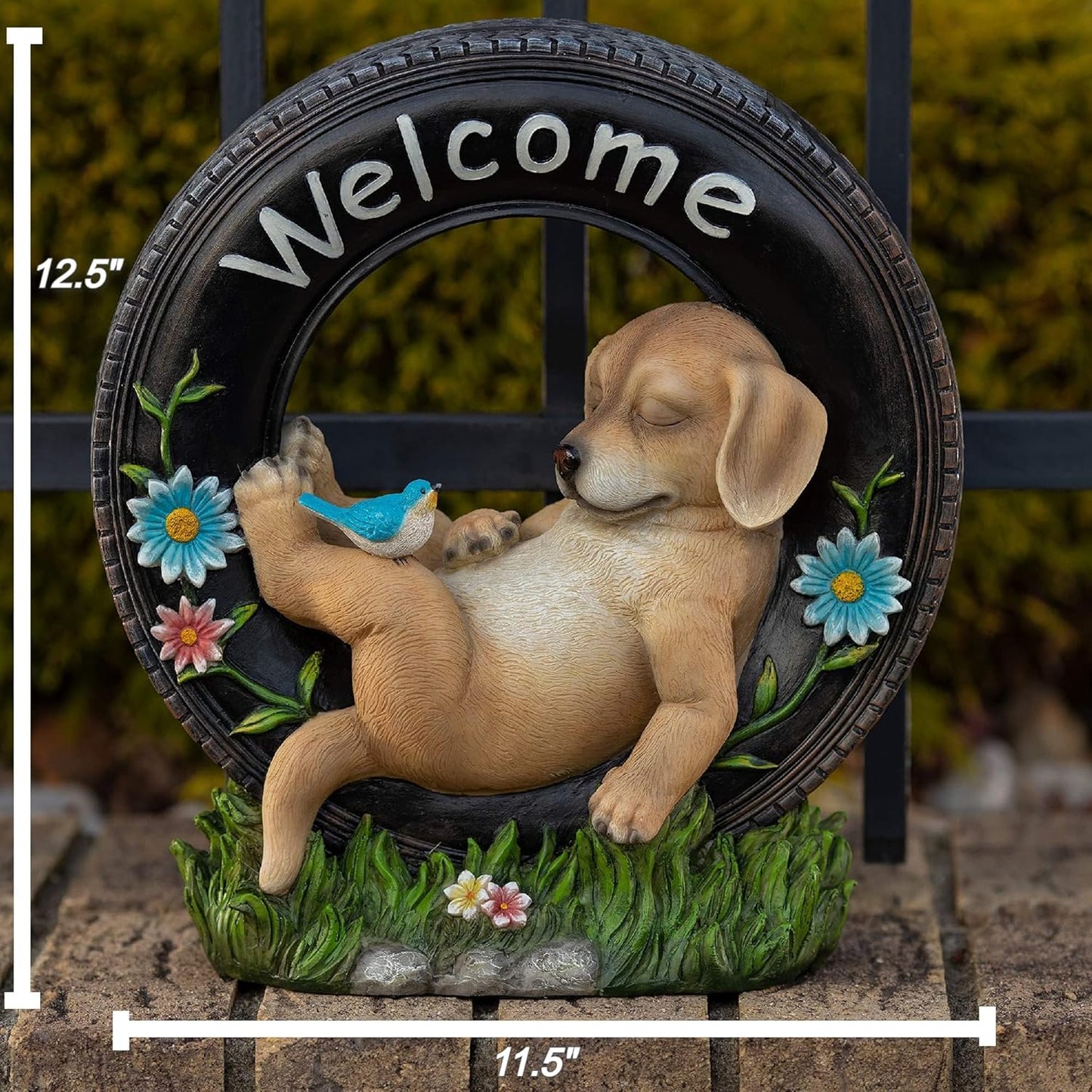 VP Home Chillaxing Welcome Puppy Dog Solar Powered LED Garden Light Welcome Chillax Puppy Statue Outdoor Funny Figurine Decor for Patio, Yard, Lawn