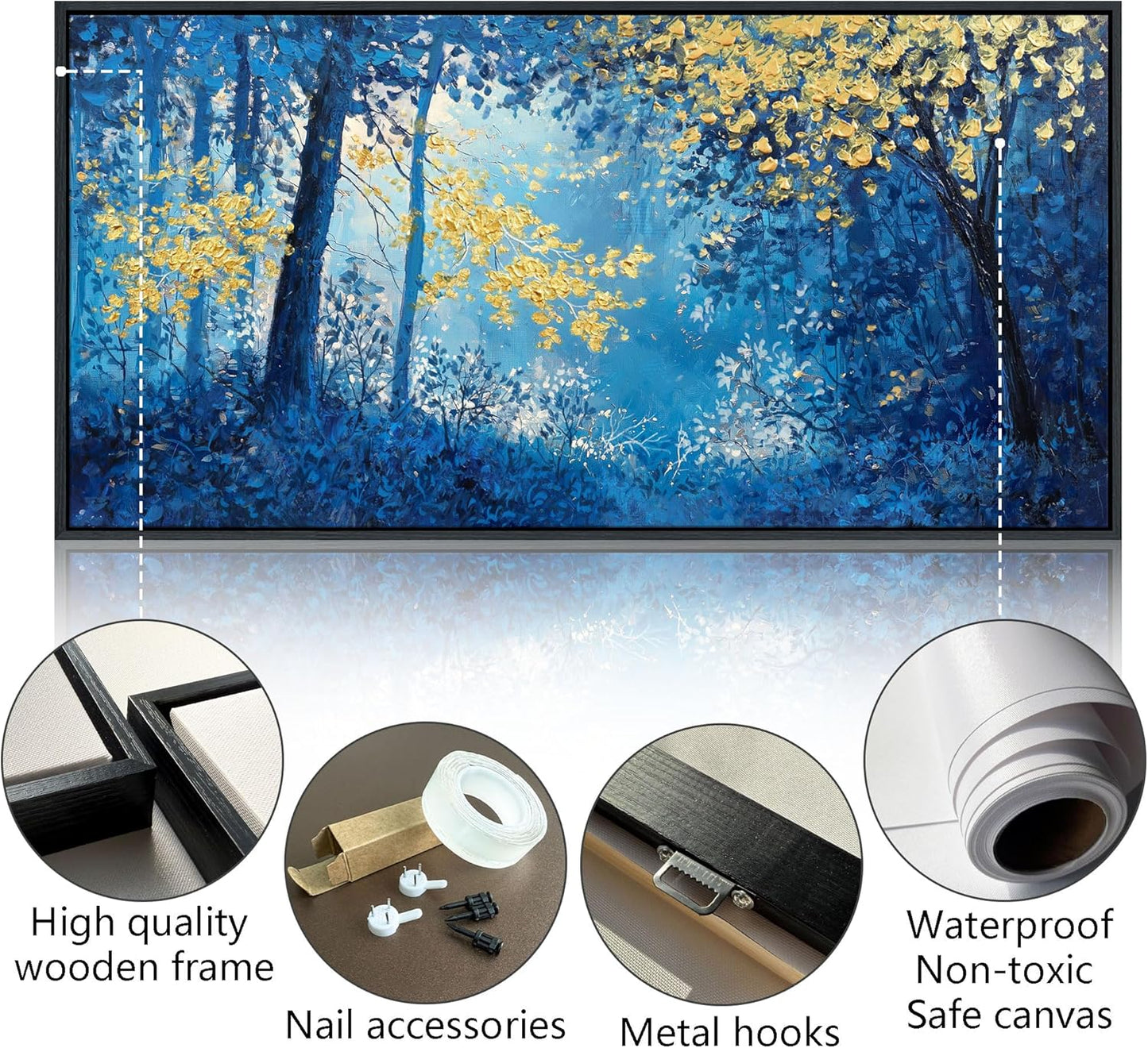 Blue and Gold Canvas Wall Art - Forest Bedroom Wall Art - Tree Wall Pictures for Living Room, Office, or Bedroom - Nature Landscape Canvas Decor Framed Painting 29×58IN