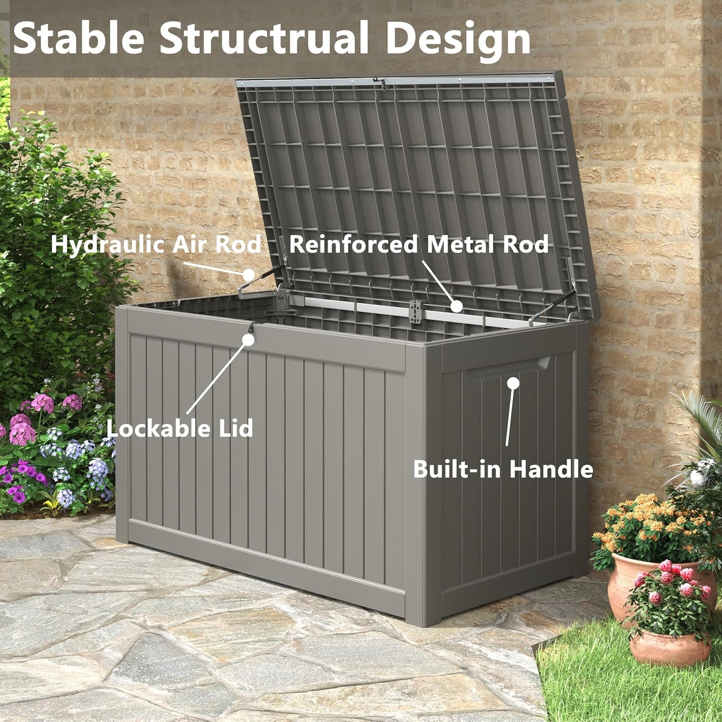 Outdoor Storage Box, 230 Gallon Deck Box, Waterproof and UV Resistant Large Resin Storage Bin, Organization and Storage for Patio Furniture, Outdoor Cushions, Garden Tools, Lockable