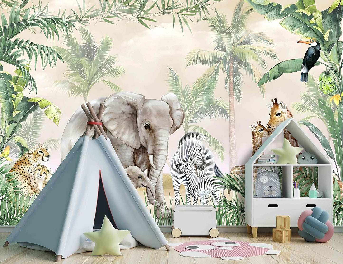 Tropical Animal Plants wallpeper Nursery Kids Bedroom Elephant Wall Mural - 91"x65"（Not Peel and Stick）